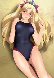 Rule 34 | 1girl, bare arms, bare legs, bare shoulders, black nails, blonde hair, blush, breasts, clenched hands, crown, earrings, ereshkigal (fate), fate/grand order, fate (series), groin, hair ribbon, highres, jewelry, legs, long hair, looking at viewer, lying, medium breasts, nail polish, orange eyes, parted lips, ribbon, sand, shiny skin, solo, swimsuit, thighs, tohsaka rin, yadokari genpachirou