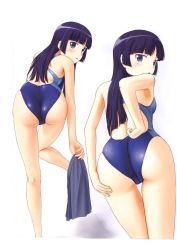 Rule 34 | 1girl, ass, barefoot, competition swimsuit, female focus, from behind, gokou ruri, highres, long hair, looking at viewer, looking back, one-piece swimsuit, ore no imouto ga konna ni kawaii wake ga nai, skirt, solo, swimsuit, third-party edit, tk4, undressing