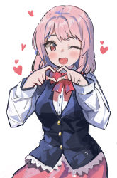 Rule 34 | 1girl, absurdres, bang dream!, blush, heart, heart hands, highres, long sleeves, maruyama aya, one eye closed, open mouth, pink eyes, pink hair, pocari (sq551), red neckwear, red ribbon, ribbon, solo, vest
