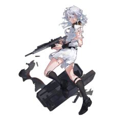 Rule 34 | 1girl, black footwear, black socks, breasts, cuts, epaulettes, from side, full body, girls&#039; frontline, grin, gun, h&amp;k sl8, highres, holding, holding gun, holding weapon, imoko (imonatsuki), injury, kneehighs, large breasts, lightning bolt symbol, looking at viewer, looking to the side, marching band, medium hair, midriff, military cartridge, official alternate costume, official art, purple eyes, reloading, rifle cartridge, rilfe, scrape, sharp teeth, shirt, shoe soles, shorts, simple background, sl8 (girls&#039; frontline), sl8 (improvised rhapsody) (girls&#039; frontline), smile, socks, solo, teeth, torn clothes, torn shirt, torn shorts, torn socks, transparent background, weapon, weapon case, white hair, white short, white shorts, white uniform