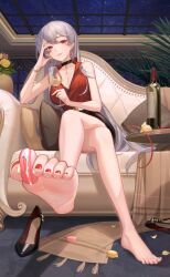 Rule 34 | 1girl, alcohol, animated, barefoot, between toes, bottle, crazy ones, crossed legs, cup, drinking glass, feet, food, grey hair, highres, long hair, looking at viewer, macaron, parted lips, red eyes, shoes, sitting, soles, sweets, toes, unworn shoes, video, wine, wine bottle, wine glass