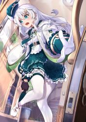 Rule 34 | 1girl, :o, asymmetrical gloves, beret, black gloves, blue eyes, blurry, blurry background, cabinet, door, dress, earrings, frilled dress, frills, gloves, green necktie, hair ornament, hamanashi (trapiorra), hat, highres, honkai (series), honkai impact 3rd, indoors, jacket, jewelry, long hair, long sleeves, looking at mirror, mirror, mismatched gloves, necktie, open mouth, pantyhose, solo, stairs, theresa apocalypse, theresa apocalypse (twilight paladin), white dress, white gloves, white hair, white jacket, white pantyhose