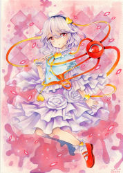 Rule 34 | 1girl, adapted costume, colored pencil (medium), dated, full body, hairband, heart, komeiji satori, light purple hair, long sleeves, looking at viewer, marker (medium), mary janes, mosho, painting (medium), petals, red eyes, shirt, shoes, signature, skirt, solo, third eye, touhou, traditional media, watercolor (medium), wide sleeves, wrist cuffs