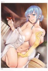 Rule 34 | 1girl, absurdres, alcohol, artist name, bare shoulders, blue eyes, blue hair, blush, bottle, breasts, bucket, buckle, collarbone, convenient censoring, cup, highres, holding, large breasts, looking at viewer, mole, navel, no bra, no panties, off shoulder, onsen, page number, parted lips, sakazuki, sake, sake bottle, scan, shiny skin, sidelocks, sitting, smile, solo, stomach, toes, tokkuri, tomohiro kai, toranoana, towel, wooden bucket