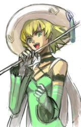 Rule 34 | .hack//, .hack//g.u., .hack//games, 00s, 1girl, :d, atoli, atoli (.hack//), bandai, bare shoulders, blonde hair, cyber connect 2, detached sleeves, dress, gauntlets, green dress, green eyes, hat, long sleeves, looking at viewer, open mouth, short hair, smile, snowconcon, solo, upper body