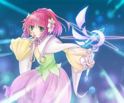 Rule 34 | 1girl, aqua eyes, blue background, dress, flower, long hair, open mouth, pink hair, ponytail, rubia natwick, solo, staff, tales of (series), tales of the tempest, weapon, wide sleeves