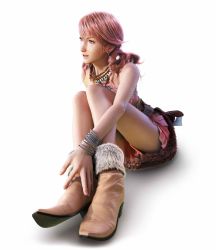 Rule 34 | 10s, 1girl, absurdres, boots, bracelet, earrings, female focus, final fantasy, final fantasy xiii, highres, jewelry, necklace, oerba dia vanille, official art, simple background, sitting, skirt, solo, twintails