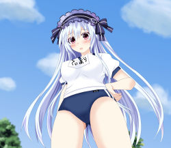 Rule 34 | 1girl, blush, bonnet, breasts, buruma, fairy fencer f, from below, gluteal fold, gym uniform, hand on own hip, headdress, highres, legs apart, long hair, looking at viewer, medium breasts, name tag, open mouth, red eyes, silver hair, solo, tiara (fairy fencer f), very long hair, waruga