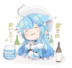 Rule 34 | 1girl, ahoge, animal, animal ear fluff, animal ears, bare shoulders, bear, beret, blue hair, blue jacket, blue skirt, blush, bottle, braid, closed eyes, commentary request, cup, daifuku (yukihana lamy), fur-trimmed jacket, fur-trimmed sleeves, fur trim, half updo, hands up, hat, head tilt, heart, heart ahoge, holding, holding cup, hololive, jacket, kemonomimi mode, long hair, long sleeves, multicolored hair, off shoulder, open mouth, pleated skirt, pointy ears, polar bear, red hair, ribbon-trimmed sleeves, ribbon trim, sitting, skirt, solo, sparkle, streaked hair, thighhighs, totatokeke, translation request, very long hair, virtual youtuber, white background, white hat, white thighhighs, yukihana lamy