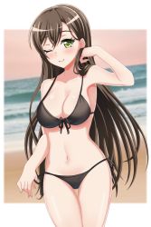 Rule 34 | 1girl, ;), arm up, armpits, baek hyang&#039;geum, bang dream!, bare shoulders, beach, bikini, black bikini, blush, breasts, brown hair, cleavage, closed mouth, collarbone, commentary request, cowboy shot, front-tie bikini top, front-tie top, green eyes, groin, hair between eyes, hanazono tae, highres, korean commentary, long hair, looking at viewer, medium breasts, mixed-language commentary, navel, ocean, one eye closed, orange sky, partial commentary, side-tie bikini bottom, sidelocks, sky, smile, solo, standing, swimsuit, thigh gap, white background