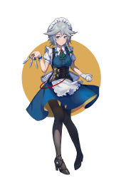 Rule 34 | 1girl, absurdres, back bow, between fingers, black footwear, black pantyhose, blue eyes, blue shirt, blue skirt, blush, bow, braid, breasts, clock, closed mouth, dress shirt, full body, hair between eyes, hair bow, high heels, highres, holding, holding knife, izayoi sakuya, knife, knives between fingers, looking to the side, maid headdress, medium breasts, medium skirt, neck ribbon, pantyhose, pumps, red bow, ribbon, shirt, short hair with long locks, short sleeves, sidelocks, silver hair, simple background, skirt, smile, solo, standing, touhou, twin braids, underbust, white background, white bow, white sleeves, yinian