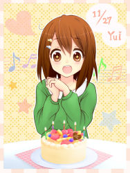 Rule 34 | + +, 1girl, birthday cake, brown eyes, brown hair, cake, candle, english text, food, own hands clasped, happy birthday, heart, highres, hirasawa yui, k-on!, musical note, open mouth, own hands together, plate, round teeth, short hair, solo, star (symbol), table, tansan tom, teeth