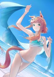 Rule 34 | 1girl, animal ears, arm up, bare shoulders, bikini, bracelet, braid, closed mouth, cloud, crown braid, day, feet out of frame, flat chest, flower, green bikini, green eyes, hair bun, hair flower, hair ornament, highres, holding sarong, horizon, horse ears, horse girl, horse tail, jewelry, long hair, looking at viewer, mismatched bikini, nabe puyo, ocean, orange hair, outdoors, sarong, silence suzuka (emerald on the waves) (umamusume), silence suzuka (umamusume), smile, solo, standing, swimsuit, tail, umamusume