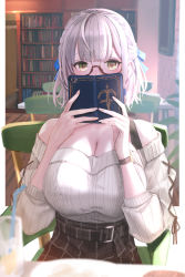 Rule 34 | 1girl, absurdres, alternate costume, arms up, black skirt, blue ribbon, bookshelf, braid, breasts, cellphone, chair, cleavage, covering face, crown braid, cup, drinking glass, drinking straw, glasses, green eyes, hair ribbon, highres, holding, hololive, huge filesize, indoors, large breasts, looking at viewer, mole, mole on breast, off-shoulder sweater, off shoulder, phone, plaid, plaid skirt, ribbed sweater, ribbon, semi-rimless eyewear, shirogane noel, shirogane noel (casual), silver hair, sitting, skirt, smartphone, solo, strap, sweater, upper body, virtual youtuber, white sweater, wristband, yoiyoi uruu