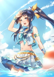 Rule 34 | 1girl, absurdres, artist name, black hair, blue eyes, blurry, breasts, cloud, cloudy sky, crop top, crop top overhang, depth of field, highres, idolmaster, idolmaster million live!, idolmaster million live! theater days, long hair, midriff, miniskirt, mogami shizuka, monkeyyan, navel, open mouth, ponytail, skirt, sky, sleeveless, small breasts, solo, vest, wading, watermark