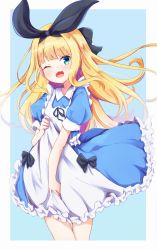 Rule 34 | 1girl, ;d, apron, baram, black bow, black ribbon, blonde hair, blue background, blue dress, blush, bow, collared dress, commentary request, dress, frilled apron, frilled dress, frills, green eyes, hair bow, hair ribbon, highres, long hair, looking at viewer, mononobe alice, mononobe alice (1st costume), nijisanji, one eye closed, open mouth, puffy short sleeves, puffy sleeves, ribbon, short sleeves, smile, solo, two-tone background, very long hair, virtual youtuber, white apron, white background