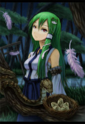 Rule 34 | 1girl, bad id, bad pixiv id, buckle, detached sleeves, egg, face, feathers, female focus, forest, frog, green hair, hair ornament, kochiya sanae, kurione (pixiv), kurione (zassou), letterboxed, long hair, nature, red eyes, snake, solo, standing, torii, touhou, water