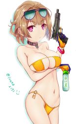 Rule 34 | 1girl, absurdres, arm under breasts, bad id, bad twitter id, bikini, bottle, bracelet, breast lift, breasts, closed mouth, collar, collarbone, eyewear on head, franz (217franz), girls&#039; frontline, gloves, grizzly mkv (girls&#039; frontline), gun, handgun, highres, holding, holding gun, holding weapon, jewelry, l.a.r. manufacturing, lar grizzly win mag, large breasts, light brown hair, messy hair, navel, pistol, purple eyes, short hair, simple background, skindentation, solo, strapless, strapless bikini, sunglasses, swimsuit, trigger discipline, twitter username, upper body, water bottle, weapon, white background, yellow bikini, yellow gloves