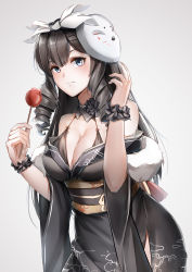 Rule 34 | 1girl, absurdres, black kimono, blood, bloody tears, blue eyes, bow, breasts, brown hair, candy apple, cleavage, closed mouth, commentary request, cowboy shot, detached collar, dress, drill hair, drill sidelocks, food, fur trim, girls&#039; frontline, grey background, hair bow, halter dress, halterneck, hand up, highres, howa type 64 (girls&#039; frontline), japanese clothes, kimono, large breasts, long hair, looking at viewer, lubikaya, mask, mask on head, obi, off shoulder, sash, scrunchie, side slit, sidelocks, solo, white bow, wrist scrunchie