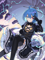 Rule 34 | 1girl, ahoge, alternate costume, black dress, black gloves, black thighhighs, blue eyes, blue hair, breasts, cleavage, closed mouth, commentary request, dress, duplicate, electricity, falken (yutozin), gloves, hair between eyes, heterochromia, highres, holding, holding umbrella, lightning, looking at viewer, medium breasts, pixel-perfect duplicate, red eyes, short hair, smile, solo, tatara kogasa, thighhighs, thighs, thunder, touhou, umbrella