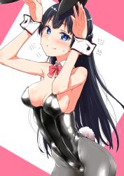 Rule 34 | 1girl, animal ears, arms up, bare shoulders, black hair, blue eyes, bow, bowtie, braid, breasts, bright pupils, clearite, cleavage, closed mouth, cowboy shot, detached collar, fake animal ears, flying sweatdrops, grey pantyhose, leaning forward, leotard, long hair, looking at viewer, medium breasts, nijisanji, pantyhose, playboy bunny, rabbit ears, rabbit girl, rabbit pose, smile, solo, sweat, tsukino mito, virtual youtuber, wrist cuffs