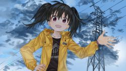Rule 34 | 1girl, :d, ahoge, black hair, black shirt, blue sky, day, hand on own hip, hand up, highres, hood, hooded jacket, jacket, long sleeves, looking at viewer, luicent, medium hair, open mouth, original, outdoors, power lines, purple eyes, raincoat, sanpaku, shirt, sky, smile, solo, symbol-only commentary, transmission tower, twintails, upper body, yellow jacket