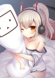 Rule 34 | 1girl, ayanami (azur lane), ayanami (niconico) (azur lane), azur lane, bandaid, bandaid on arm, bare shoulders, bed, blush, breasts, closed mouth, collarbone, commentary request, hair between eyes, headgear, headphones, light brown hair, long hair, looking at viewer, medium breasts, niconico, no shoes, hugging object, off-shoulder shirt, off shoulder, on bed, one eye closed, pillow, pillow hug, ponytail, seiza, shirt, short sleeves, sitting, solo, terebi-chan, thighhighs, white shirt, white thighhighs, wide sleeves, yukiyuki 441