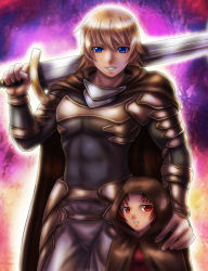 Rule 34 | 1boy, 1girl, abs, aged up, armor, blonde hair, blue eyes, boken fantasy, bracer, brown eyes, brown hair, cape, claymore (series), claymore (sword), hand on shoulder, height difference, highres, hood, lips, open mouth, priscilla (claymore), raki (claymore), size difference, smile, spoilers, sword, weapon