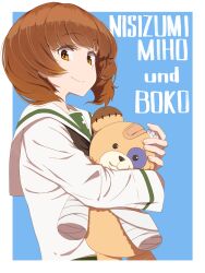 Rule 34 | 1girl, absurdres, bandages, bandaid, black neckerchief, blouse, blue background, boko (girls und panzer), brown eyes, brown hair, commentary, english text, from side, german text, girls und panzer, highres, holding, holding stuffed toy, long sleeves, looking at viewer, mixed-language text, neckerchief, nishizumi miho, ooarai school uniform, oritako, sailor collar, school uniform, serafuku, shirt, short hair, simple background, smile, solo, stuffed animal, stuffed toy, teddy bear, upper body, white sailor collar, white shirt