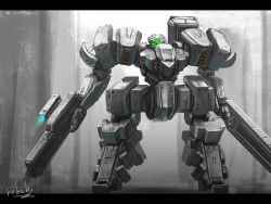 Rule 34 | bottoms1237, dual wielding, glowing, glowing eye, green eyes, gun, highres, holding, holding gun, holding weapon, looking at viewer, mecha, no humans, one-eyed, original, robot, science fiction, solo, weapon