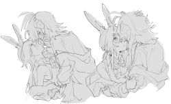 Rule 34 | 2girls, amiya (arknights), animal ears, antennae, arknights, bare shoulders, commentary, covering another&#039;s mouth, demon horns, face-to-face, greyscale, hamha s, hand on another&#039;s head, hand over another&#039;s mouth, horns, jewelry, long hair, looking at another, low ponytail, monochrome, multiple girls, multiple rings, off shoulder, rabbit ears, ring, short hair, short sleeves, sketch, sleeveless, symbol-only commentary, upper body, w (arknights), white background, yuri