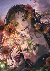 Rule 34 | 1girl, braid, collarbone, flower, gem, green gemstone, green hair, green nails, head tilt, highres, hitohanoha, jewelry, nail polish, open mouth, original, outdoors, parted lips, ribbon, ring, smile, sunflower, sunset, wavy hair, yellow nails