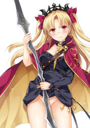 Rule 34 | 1girl, black dress, blonde hair, breasts, cape, convenient censoring, dress, earrings, ereshkigal (fate), fate/grand order, fate (series), gold trim, hair ribbon, hood, hooded cape, hoop earrings, jewelry, long hair, looking at viewer, medium breasts, meslamtaea (weapon), no panties, parted bangs, red eyes, ribbon, short dress, single sleeve, skull, solo, spine, thighs, tiara, two side up, weapon