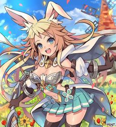 Rule 34 | 1girl, animal ears, bare shoulders, blonde hair, bow (weapon), breasts, cloud, cloudy sky, dragalia lost, eleonora (dragalia lost), flower, fujimaru (green sparrow), holding, holding bow (weapon), holding weapon, large breasts, long hair, outdoors, petals, rabbit ears, sky, smile, solo, thighhighs, weapon, windmill
