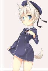 Rule 34 | 10s, 1girl, animal ears, bad id, bad pixiv id, blue eyes, dress, hat, highres, kantai collection, kemonomimi mode, kyuu-fairy000, looking at viewer, open mouth, sailor dress, sailor hat, short hair, silver hair, solo, tail, z1 leberecht maass (kancolle)