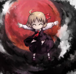 Rule 34 | 1girl, ahoge, blonde hair, chibi, embodiment of scarlet devil, closed eyes, female focus, full body, moon, outdoors, outstretched arms, red moon, ribbon, rumia, short hair, sky, solo, spread arms, touhou, wamtail