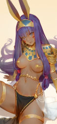 Rule 34 | 1girl, absurdly long hair, animal ears, breasts, closed mouth, commentary, dark-skinned female, dark skin, earrings, egyptian, egyptian clothes, fate/grand order, fate (series), highres, jackal ears, jewelry, long hair, looking at viewer, medium breasts, navel, nitocris (fate), no bra, purple eyes, purple hair, simple background, sitting, smile, solo, timbougami, very long hair, yellow background