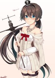Rule 34 | 1girl, alternate costume, bare shoulders, brown hair, corset, cosplay, cowboy shot, crown, dress, flower, garter straps, gradient background, green eyes, hairband, high ponytail, highres, houshou (kancolle), jewelry, kantai collection, long hair, long sleeves, looking at viewer, mini crown, necklace, off-shoulder dress, off shoulder, pink background, ponytail, red flower, red ribbon, red rose, ribbon, rose, sazamiso rx, scepter, solo, standing, thighhighs, translation request, warspite (kancolle), warspite (kancolle) (cosplay), white dress, white thighhighs