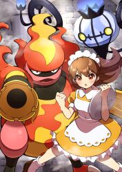 Rule 34 | 1girl, 2others, :o, absurdres, apron, blush, brown footwear, brown hair, chandelure, clenched hand, collared dress, commentary request, creatures (company), dress, floating hair, fog, frills, game freak, gen 4 pokemon, gen 5 pokemon, hair between eyes, headdress, highres, holding, holding tray, long hair, looking at viewer, magmortar, multiple others, nintendo, open mouth, pokemon, pokemon (creature), pokemon bw, pon yui, puffy sleeves, shoes, short sleeves, socks, tray, waist apron, waitress, waitress (pokemon), white apron, white socks