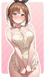 Rule 34 | 1girl, absurdres, apron, apron pull, atelier (series), atelier ryza, atelier ryza 1, bare arms, beret, blush, breasts, brown eyes, brown hair, cleavage, closed mouth, clothes pull, collarbone, commentary request, cowboy shot, embarrassed, hair ornament, hairclip, hat, highres, jewelry, large breasts, looking at viewer, naked apron, necklace, raiden (kdsn3783), reisalin stout, sidelocks, simple background, solo, standing, star (symbol), star necklace, white apron, white hat