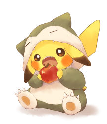Rule 34 | animal, animal focus, apple, brown eyes, commentary request, cosplay, cosplay pikachu, creatures (company), food, fruit, game freak, gen 1 pokemon, highres, holding, holding food, holding fruit, hood, hood up, looking at object, misonikomiii, nintendo, no humans, open mouth, pikachu, pokemon, shadow, simple background, sitting, snorlax, teeth, upper teeth only, white background