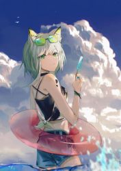 Rule 34 | 1girl, absurdres, animal ear fluff, animal ears, arknights, bird, black shirt, blue shorts, blue sky, bracelet, cat ears, chinese commentary, closed mouth, cloud, commentary request, cowboy shot, criss-cross back-straps, eyewear on head, food, green-tinted eyewear, green eyes, green hair, hand up, highres, holding, holding food, innertube, jewelry, kal&#039;tsit (arknights), light smile, looking at viewer, looking to the side, material growth, medium hair, ocean, oripathy lesion (arknights), popsicle, ring, shirt, shorts, sky, sleeveless, sleeveless shirt, solo, swim ring, tinted eyewear, wading, water, xixifu