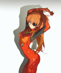 Rule 34 | 1girl, arched back, arms up, ask (askzy), blue eyes, bodysuit, breasts, closed mouth, commentary request, evangelion: 3.0 you can (not) redo, expressionless, from side, gloves, hair ornament, long hair, looking at viewer, looking to the side, medium breasts, neon genesis evangelion, orange hair, plugsuit, rebuild of evangelion, red bodysuit, red gloves, simple background, skin tight, solo, souryuu asuka langley, white background
