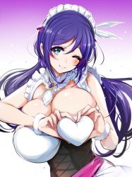 Rule 34 | 1girl, bad id, bad twitter id, bare shoulders, blush, breasts, cleavage, feather hair ornament, grabbing own breast, gradient background, green eyes, hair ornament, heart, heart-shaped boob challenge, heart hands, huge breasts, ichimatsu (anaumemondai), long hair, looking at viewer, love live!, love live! school idol project, low twintails, maid headdress, mogyutto &quot;love&quot; de sekkin chuu!, one eye closed, purple background, purple hair, smile, solo, tojo nozomi, twintails, upper body