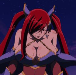Rule 34 | 1girl, bare shoulders, breasts, cleavage, curvy, earrings, erza scarlet, closed eyes, fairy tail, fairy tail: dragon cry, highres, jewelry, large breasts, long hair, red hair, screencap, stitched, tattoo, third-party edit, twintails