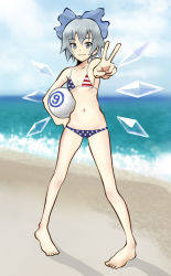Rule 34 | 1girl, absurdres, ball, beach, blue eyes, cirno, flag print, highres, holding, holding ball, kaztah, solo, touhou, v, volleyball (object)