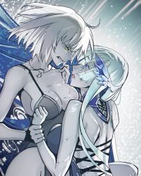 Rule 34 | 2girls, ahoge, alternate costume, blonde hair, blue eyes, blue hair, breasts, brynhildr (fate), clenched teeth, commentary request, crying, face-to-face, fate/grand order, fate (series), from side, holding another&#039;s wrist, jeanne d&#039;arc (fate), jeanne d&#039;arc alter (avenger) (fate), jeanne d&#039;arc alter (fate), jewelry, large breasts, long hair, looking at another, multiple girls, necklace, open mouth, rain, short hair, sideways, swimsuit, tears, teeth, upper body, wet, yamanaka kotetsu, yellow eyes, yuri