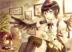 Rule 34 | 1girl, bad id, bad pixiv id, belt, black hair, black skirt, black thighhighs, black wings, brown eyes, bug, butterfly, camera, collection, drawing (object), insect, keiko (mitakarawa), light rays, looking at viewer, mechanical wings, phonograph, plant, puffy short sleeves, puffy sleeves, record, shameimaru aya, short sleeves, sitting, skirt, smile, solo, steampunk, steampunk (liarsoft), stereo, sunbeam, sunlight, thighhighs, touhou, wings, wrist cuffs, zettai ryouiki
