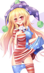 Rule 34 | 1girl, american flag dress, american flag legwear, blonde hair, breasts, clothes lift, clothes pull, clownpiece, collar, dress, dress lift, frilled collar, frilled shirt collar, frills, groin, hat, highres, impossible clothes, jester cap, large breasts, long hair, looking at viewer, neck ruff, nervous smile, no panties, open mouth, pantyhose, pantyhose pull, partially visible vulva, polka dot, red eyes, short dress, short sleeves, side slit, simple background, smile, solo, standing, striped clothes, striped dress, striped pantyhose, sweat, sweatdrop, touhou, very long hair, white background, z.o.b