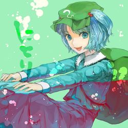 Rule 34 | 1girl, :d, backpack, bag, blue dress, blue eyes, blue hair, character name, dress, female focus, green background, hair bobbles, hair ornament, kawashiro nitori, long sleeves, looking at viewer, matching hair/eyes, open mouth, pocket, short hair, simple background, smile, solo, touhou, twintails, two side up, underwater, xero
